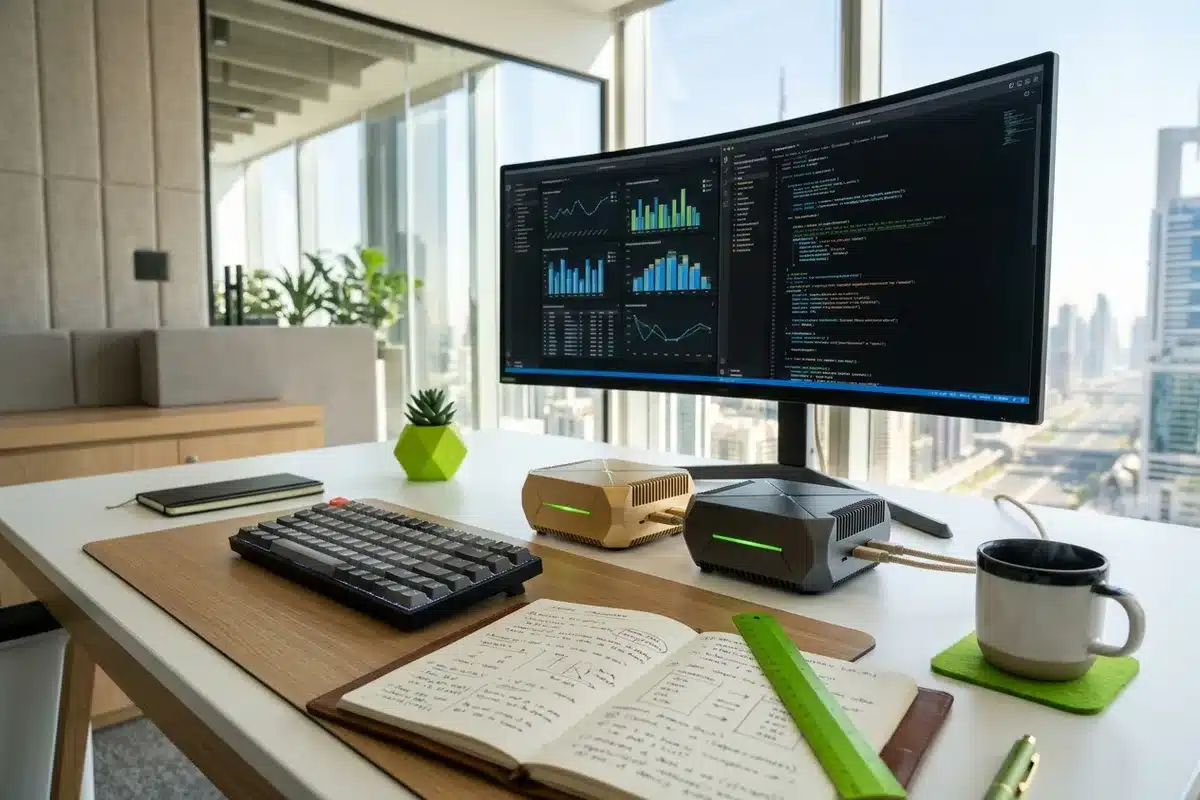 Two compact AI supercomputers next to a monitor in a modern workspace