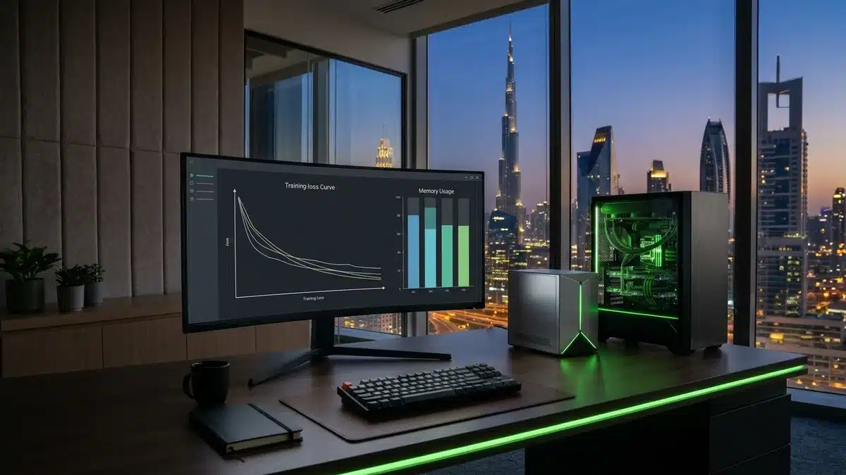 AI workstation and mini AI computer on a Dubai office desk showing a training loss curve