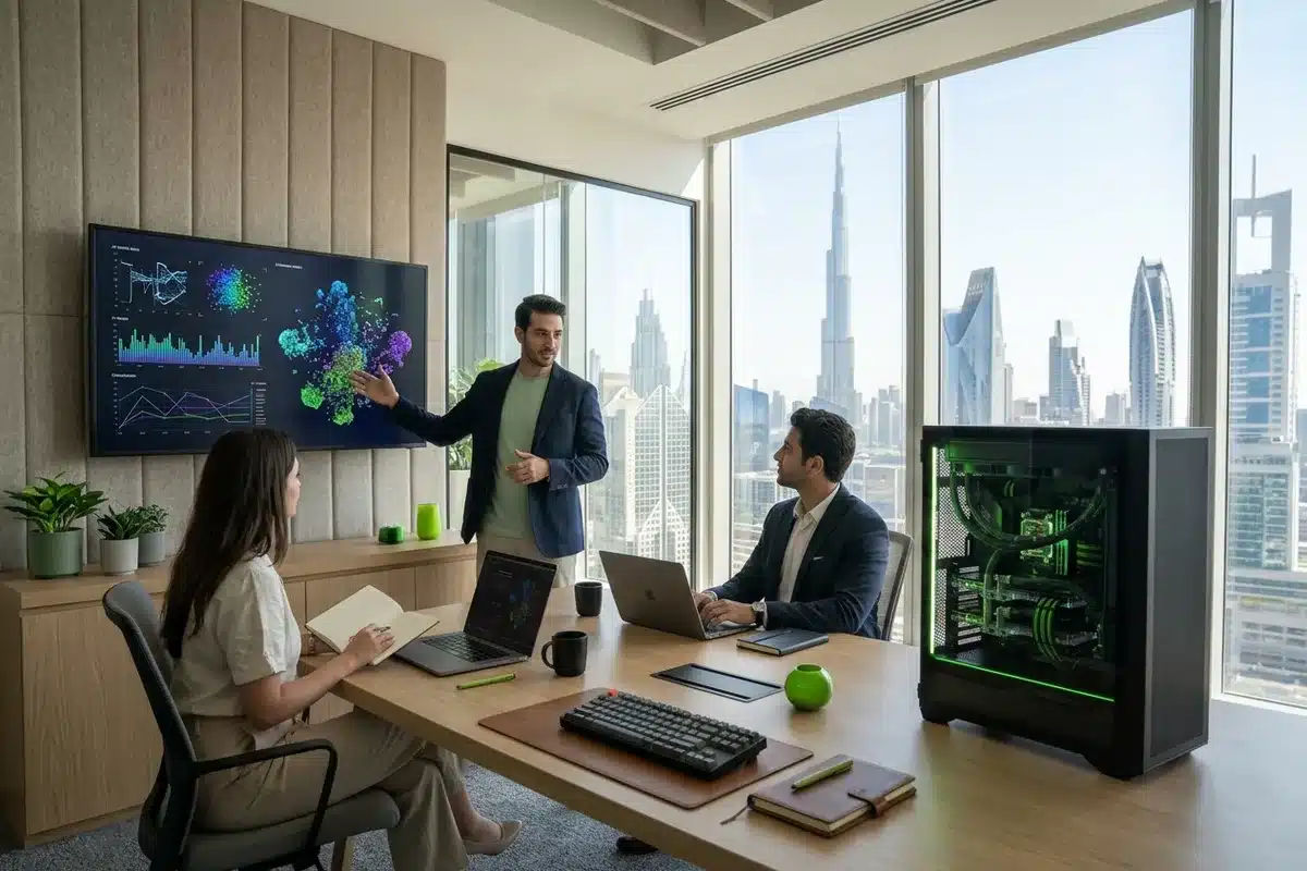 AI team reviewing model results beside a GB300 desktop workstation