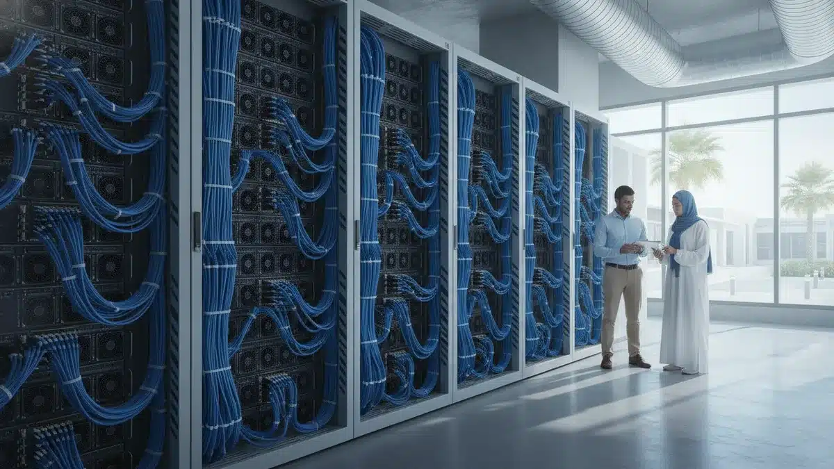 GPU server racks with InfiniBand cabling in a data center