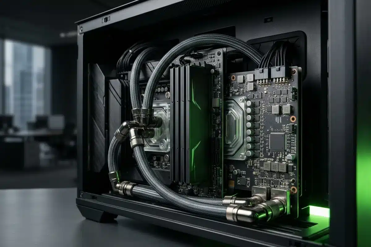How Much Memory Do You Need to Fine-Tune a 70B LLM Locally? Memory modules and GPU board inside a liquid-cooled AI workstation