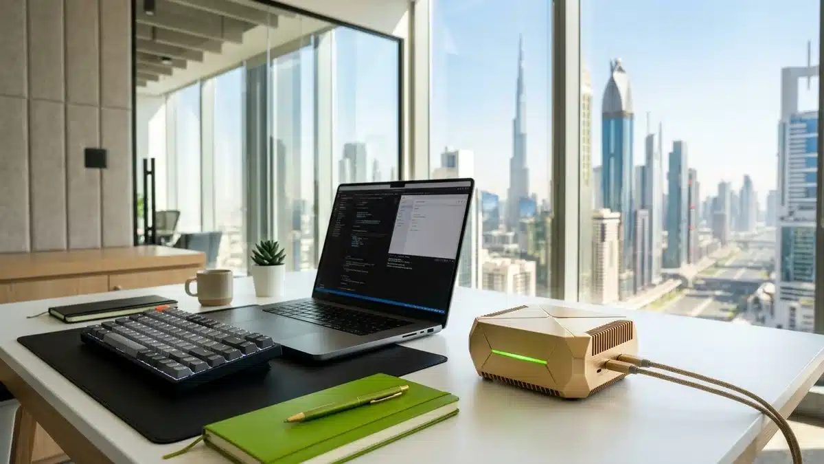 NVIDIA DGX Spark mini AI computer on a desk in a Dubai office