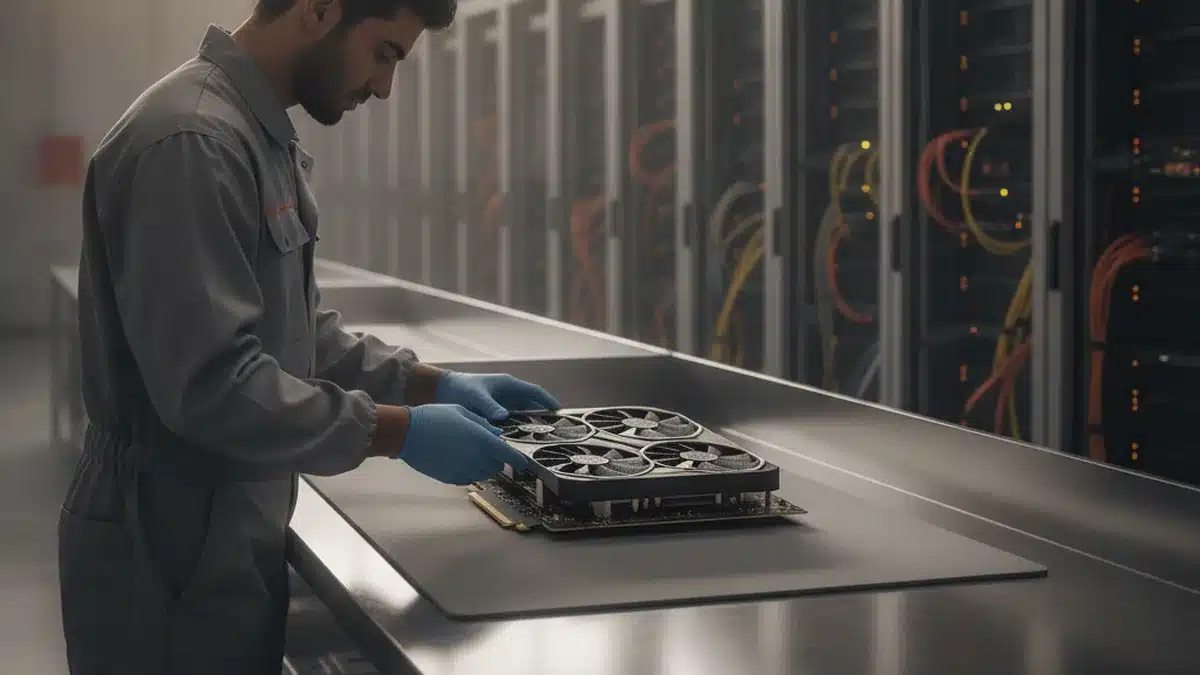 Technician inspecting a refurbished data center GPU