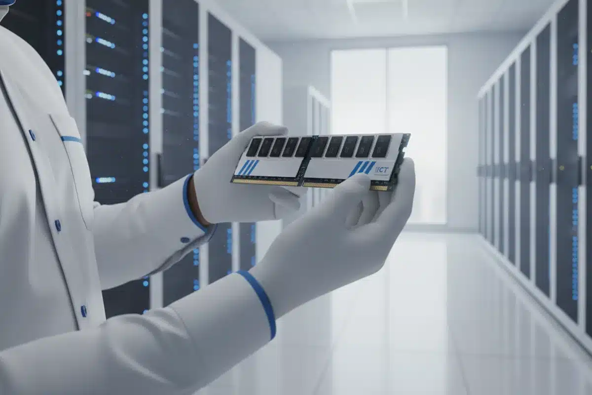 Technician holding an RDIMM memory module in a data center