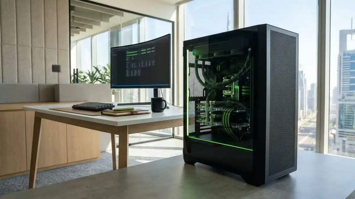 Liquid-cooled GB300 AI workstation tower in a Dubai office